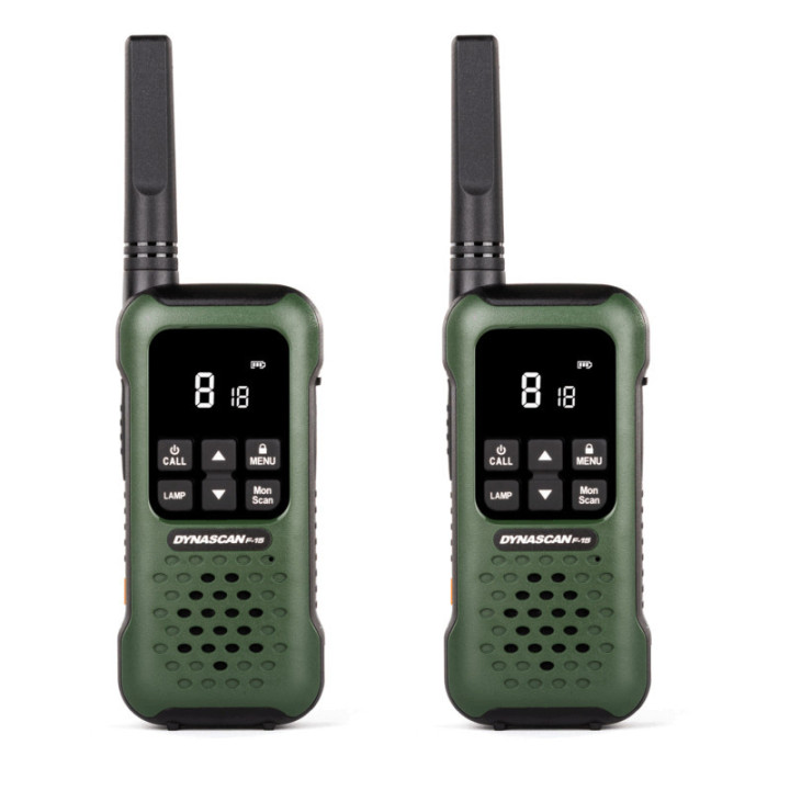 Dynascan F-15 Pareja Walkies verdes uso libre sumergibles con microauriculares