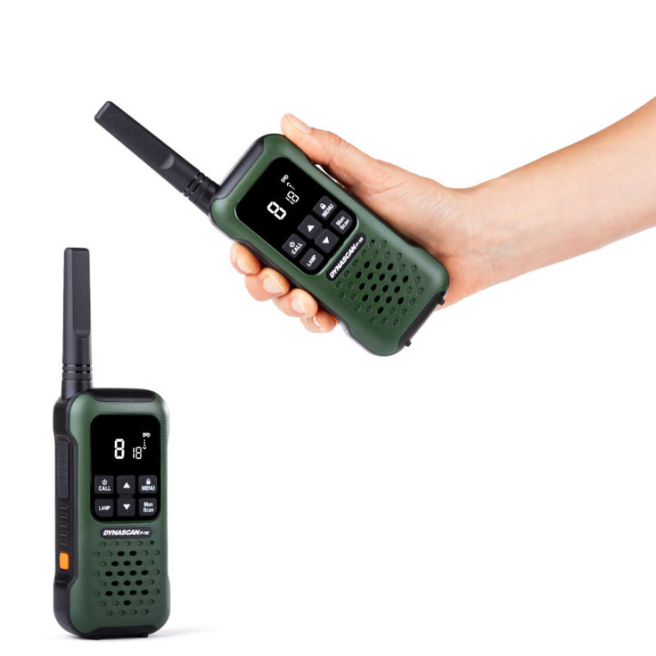 Dynascan F-15 Pareja Walkies verdes uso libre sumergibles con microauriculares