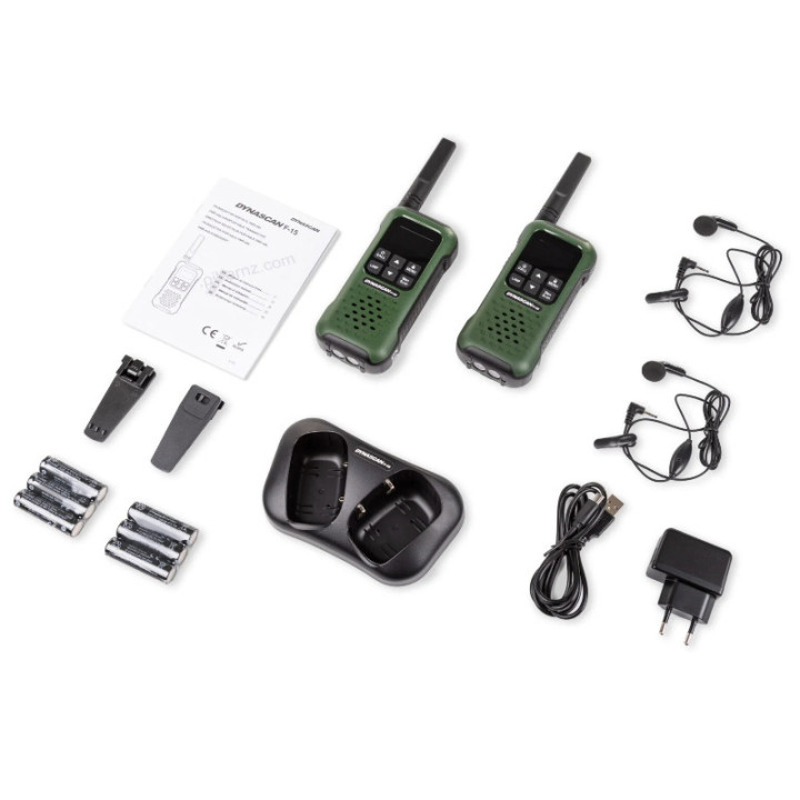 Dynascan F-15 Pareja Walkies verdes uso libre sumergibles con microauriculares